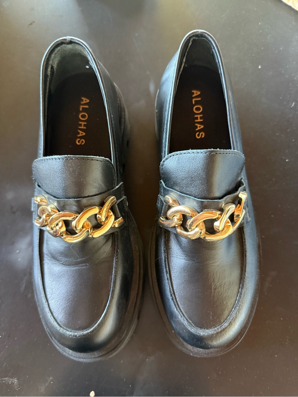 ALOHAS Black Leather Loafers with Gold Chain Accent, size 6